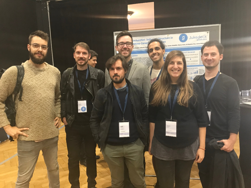 The Jukedeck Team at ISMIR 2018 – (from left-to-right) Ben, Reinier, Gabriele, Matt, me, Katerina and Marco.